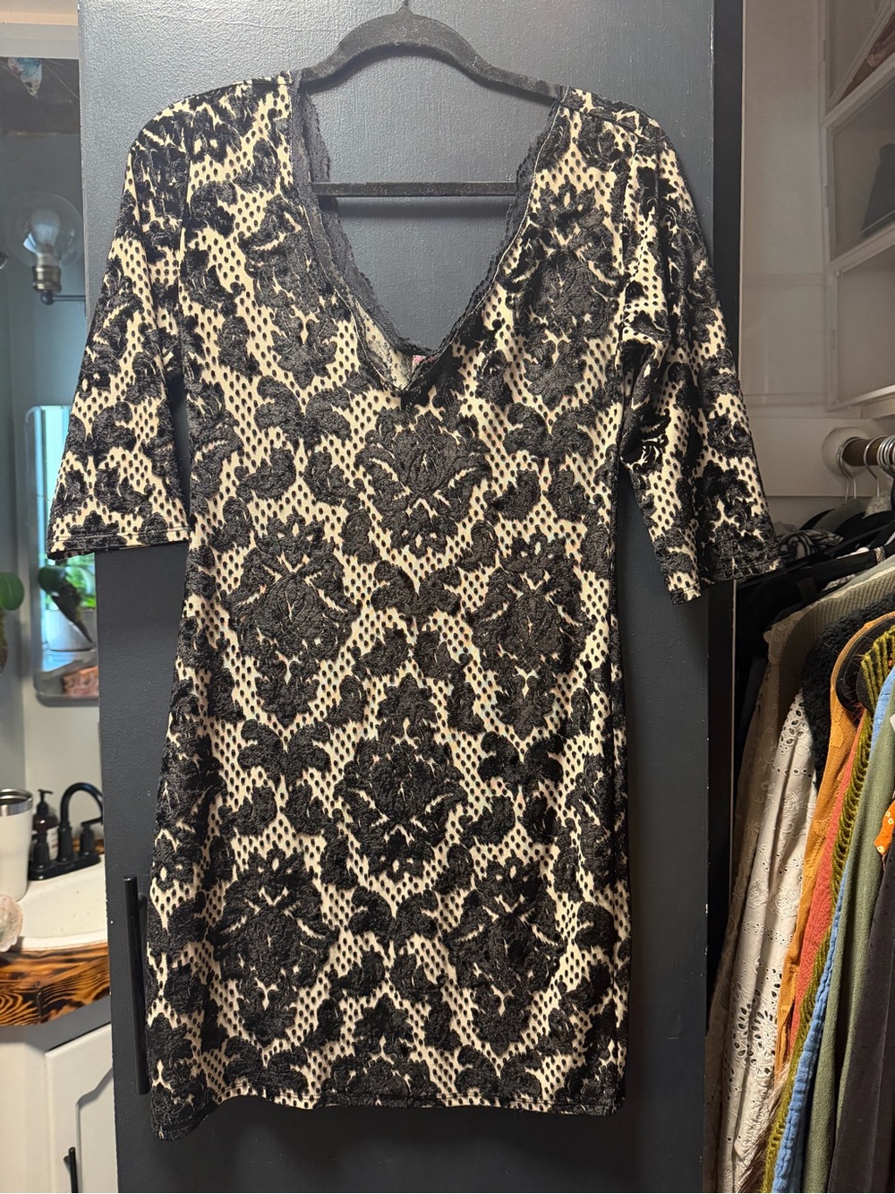 Free People Cream Mini Dress with Black Lace Overlay